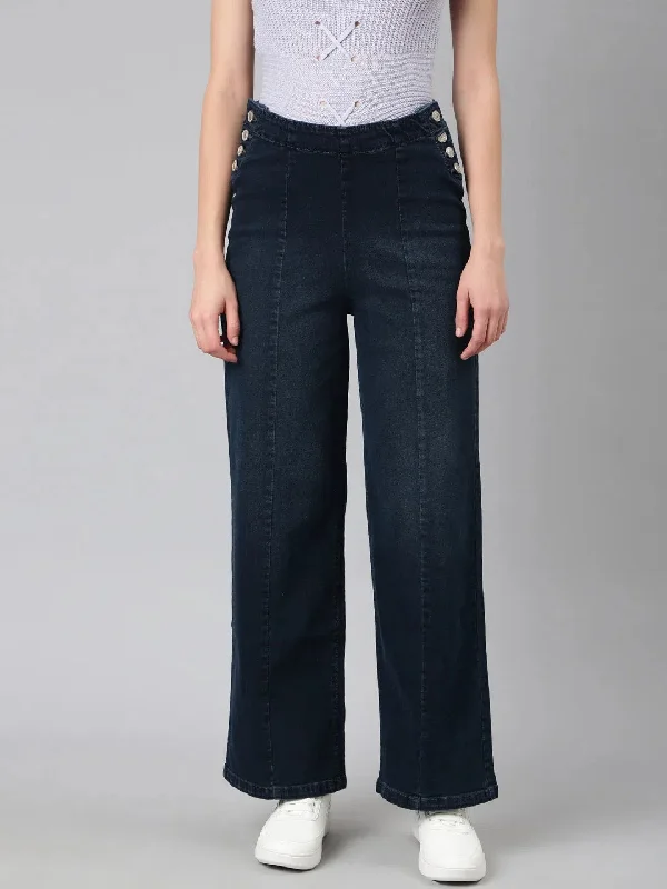 Women Navy Blue Solid Wide Leg Denim Jeans-IM-10741-Navyblue Chic Double Waistband Jeans