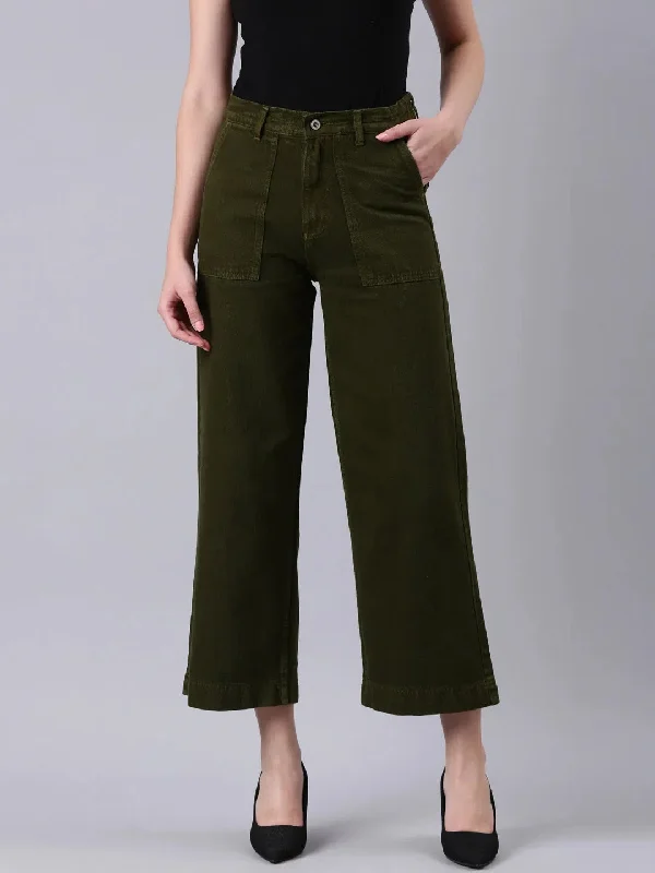 Women Olive Solid Wide Leg Denim Jeans-GZ-5560-Olive Comfortable Zip-Up Skinny Jeans