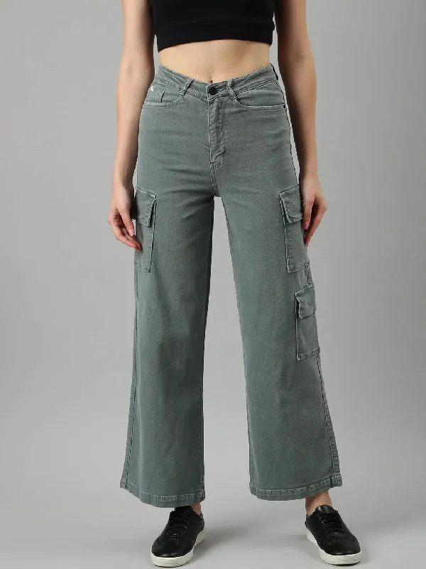 Women Olive Solid Wide Leg Denim Jeans-IM-10842-Olive Classic Blue Denim Jeans
