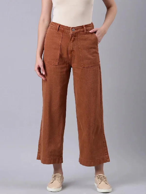 Women Rust Solid Wide Leg Denim Jeans-GZ-5560-Rust Trendy Button-Up High-Waist Jeans