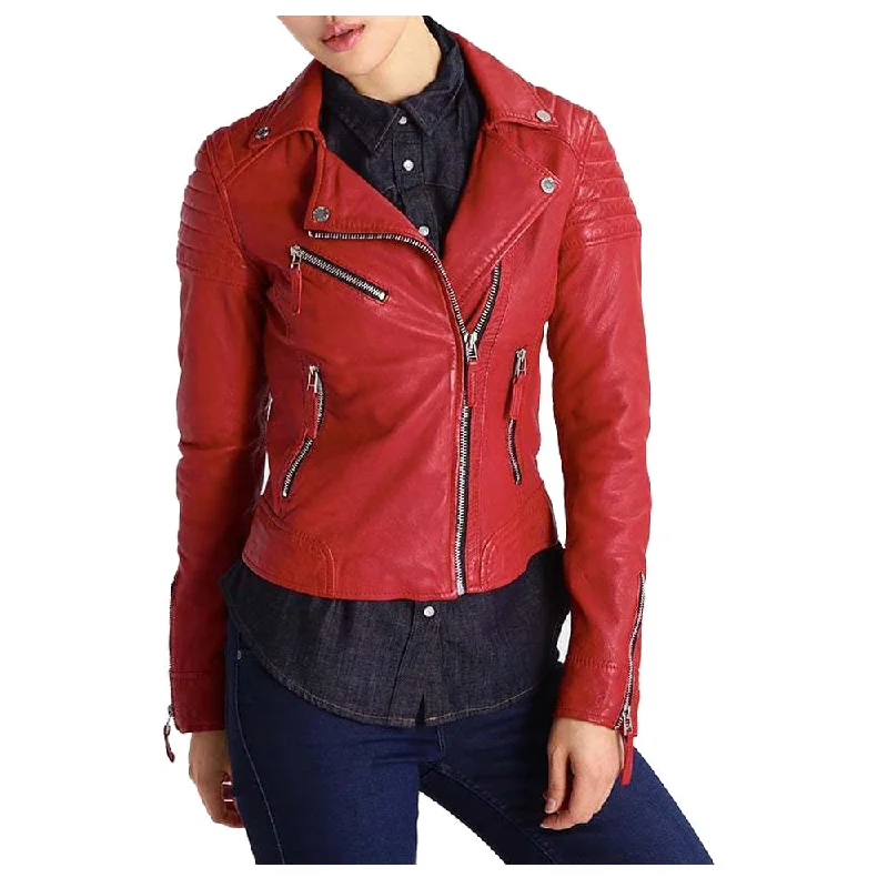 Women Red Leather Slim Fit Jacket Quilted Jacket Puffer Jacket Insulated Jacket