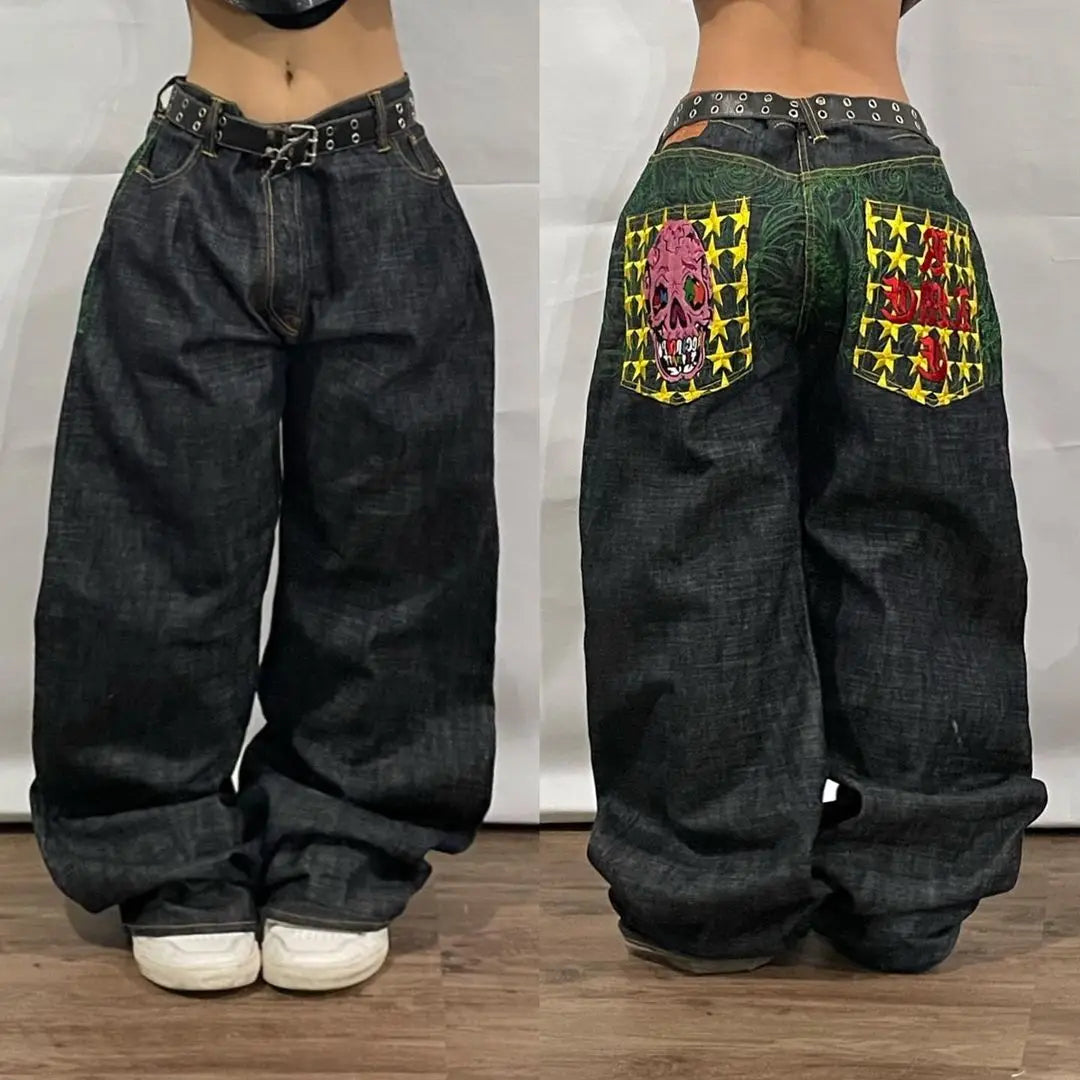 Y2k American High Street Hip Hop Skull Embroidered Jeans Men's Trendy Classic Fit Jeans
