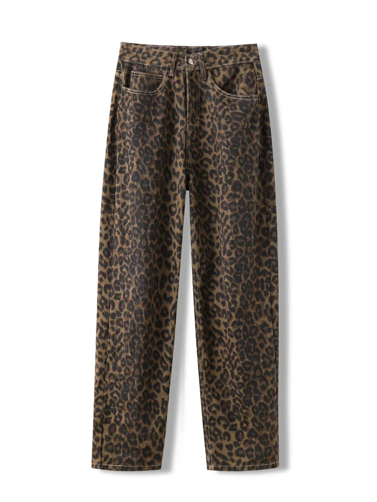 Y2K Leopard Print Jeans Women High Waisted Korean Style Wide Leg Denim Trousers Fashionable Raw Hem Bootcut Jeans