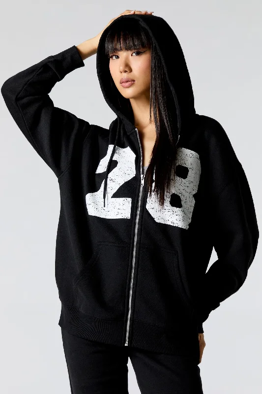 Number Graphic Zip-Up Fleece Hoodie Hoodie with Ribbed Cuffs Snug Fit Comfort