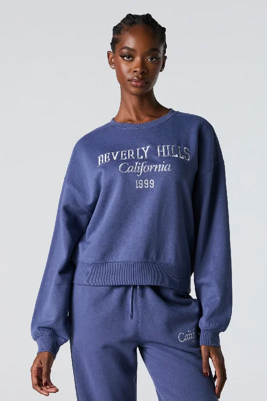 Destination Twill Embroidered Fleece Sweatshirt Hoodie with Rhinestones Sparkly Elegant