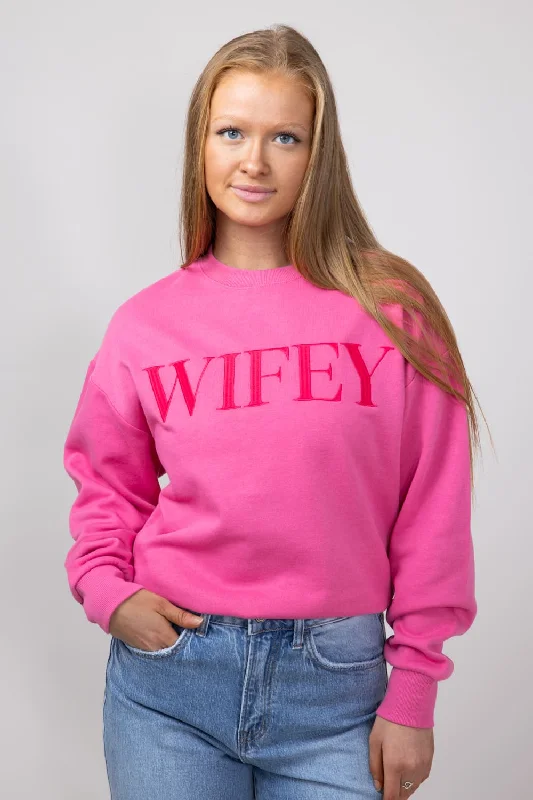 1897 Active Embroidered Wifey Sweatshirt for Women in Pink | GT078-BUBBLEGUM-WEB Hoodie with Batwing Sleeves Loose Dramatic