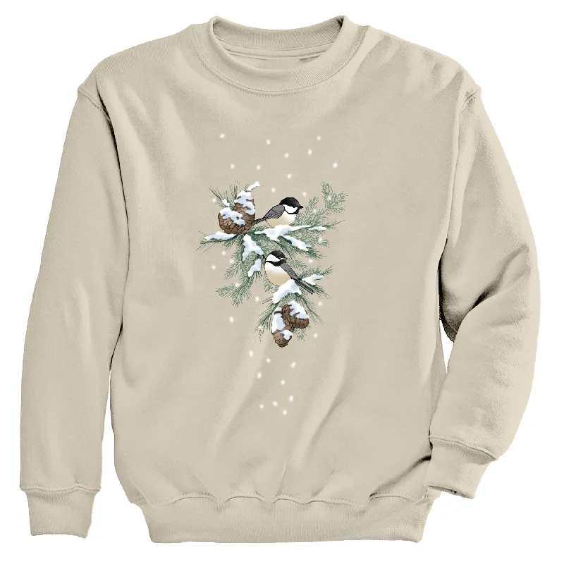 Chickadees And Pinecones Women's Crew Neck Sweatshirt Hoodie with Hem Fringe Bohemian Relaxed