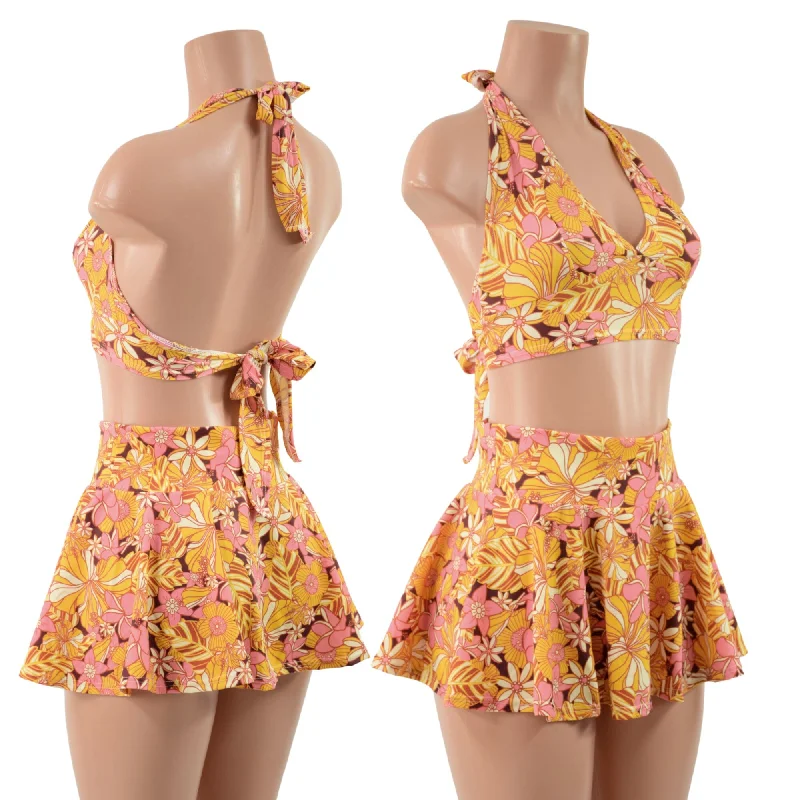 2PC Tie Back Halter & Mini Rave Skirt Set mini skirt trendy