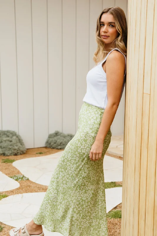 Antalya Green Floral Midi Skirt cashmere skirt soft