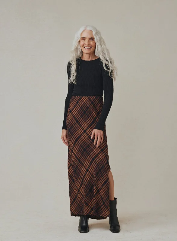 Side Slit Bias Maxi Skirt - Autumn Ember Plaid silk skirt elegant