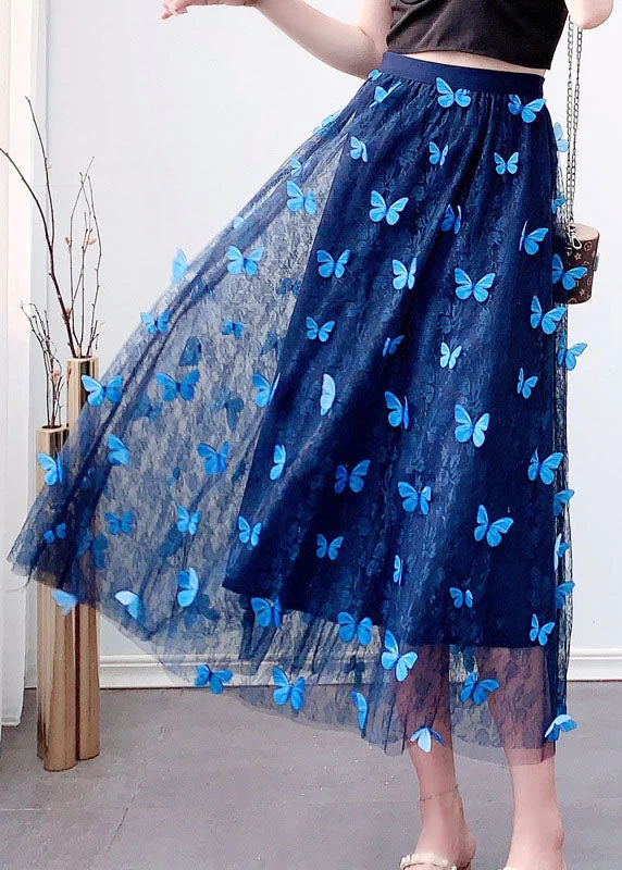 Beautiful Blue Elastic Waist Tulle Jacquard Fall Skirt silk skirt elegant
