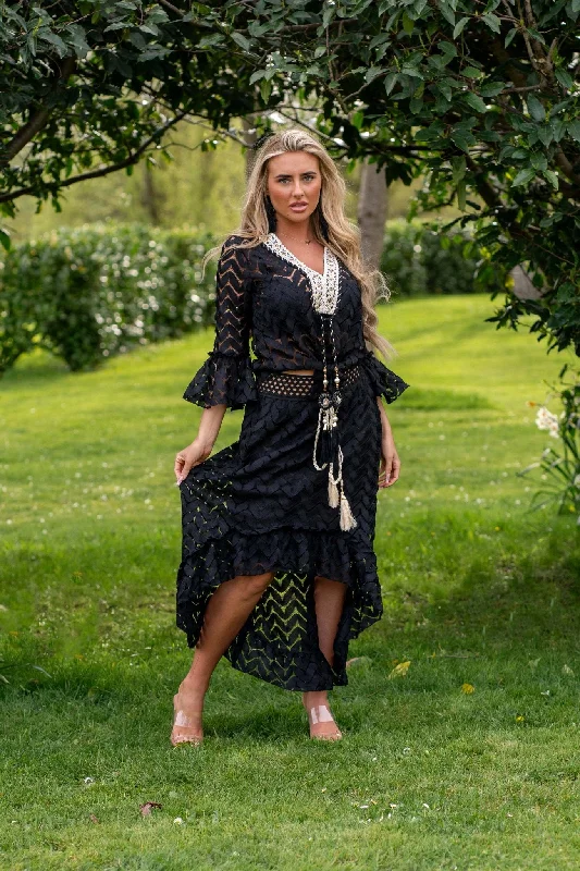 Black Boho Dipped Hem Skirt velvet skirt luxurious