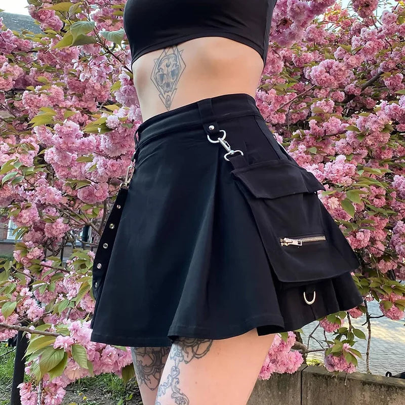 Black Harajuku Gothic High Waist Sexy Patchwork Bandage Mini Skirt denim skirt trendy