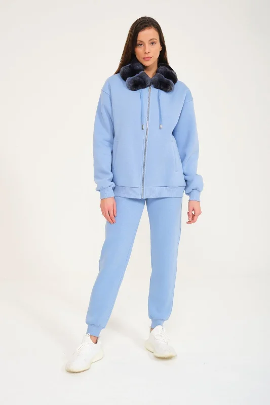 Blue Chinchilla Fur Zipped Hoodie & Jogger Set Hoodie with Full-Zip Functional Layering