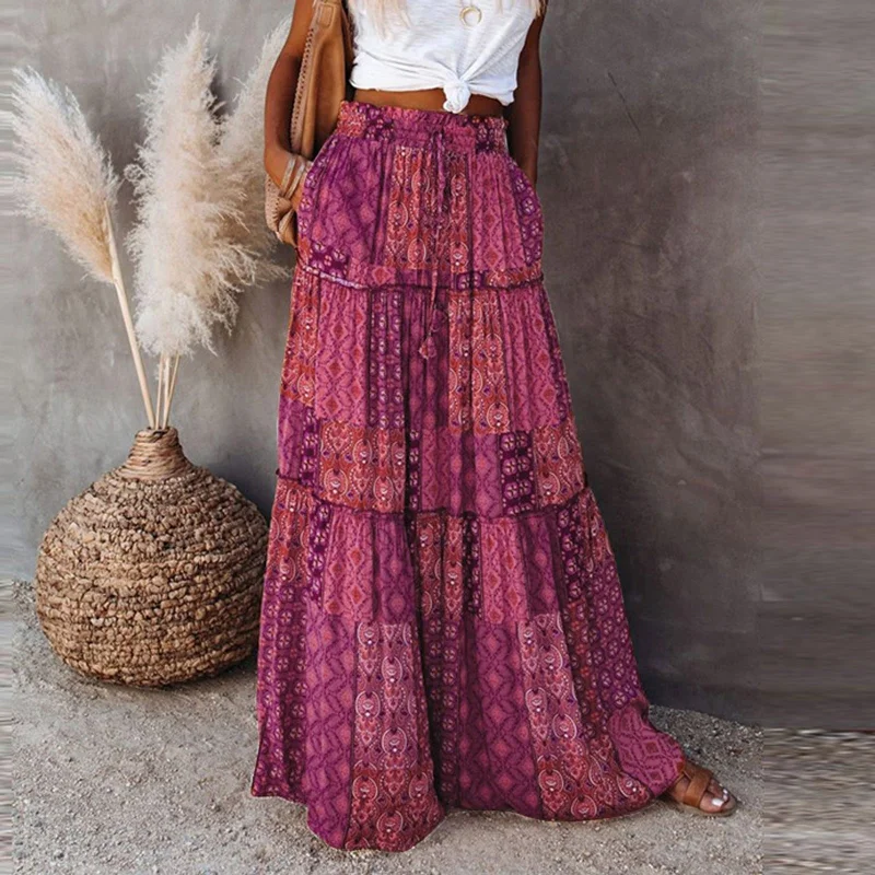 JuliaFashion-Bohemian A-line Flowy Maxi Skirt with Pockets flowy skirt hem