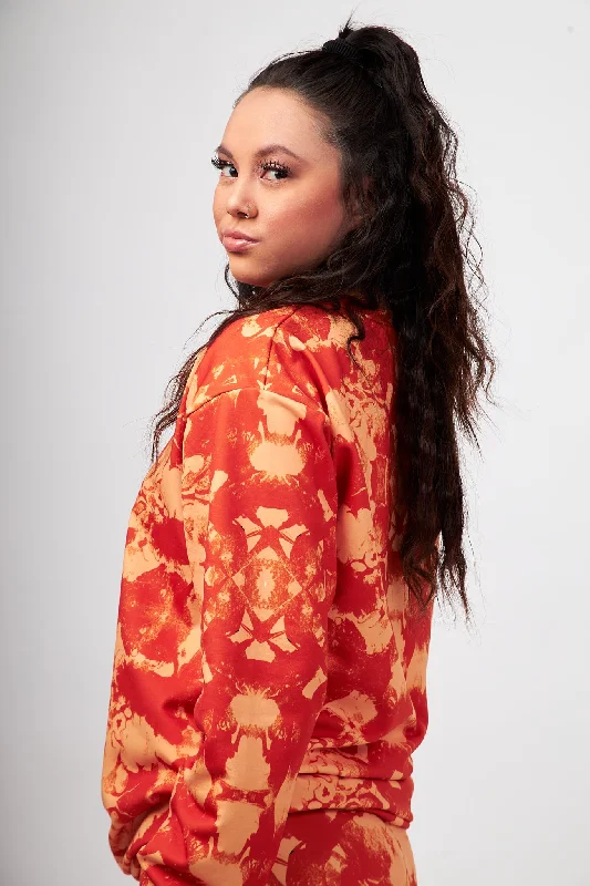 Burnt Orange Mosaic Sweatshirt Hoodie with Raw Hem Edgy Unfinished