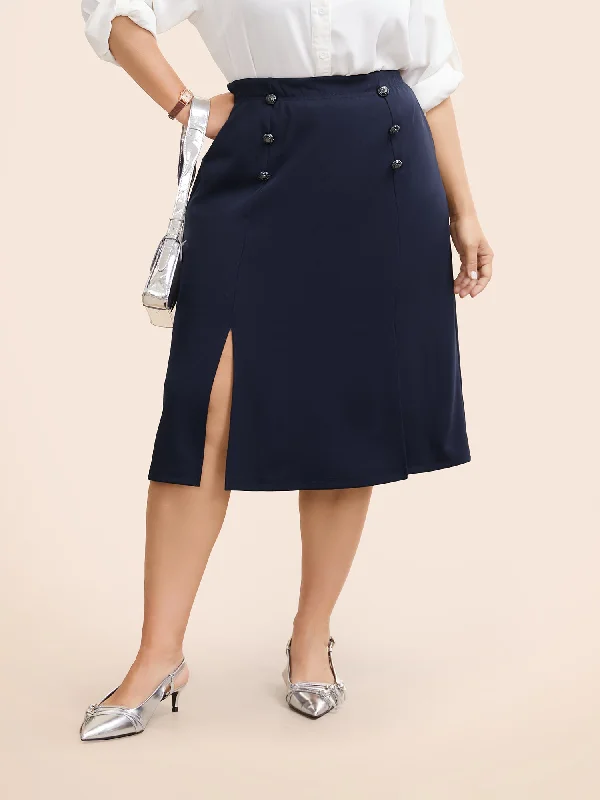 Button Detail Split Hem Medium Stretch Skirt breathable skirt fabric