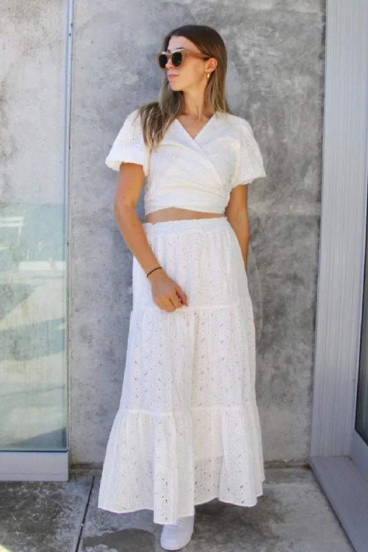 California White Embroidery Anglaise Shirred Waist Tiered Maxi Skirt denim skirt casual