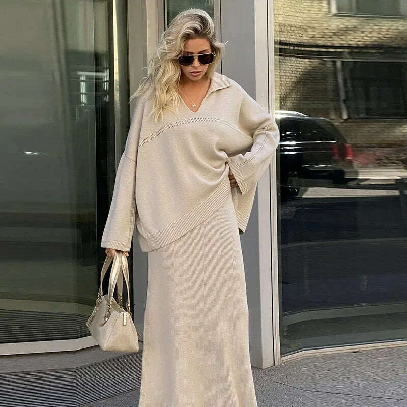Casual Knitted Loose Skirt Sets Women Solid Lapel Long Sleeve V-neck Pullover High Waist Skirts 2024 Autumn Lady Lazy Outfits asymmetrical skirt cut