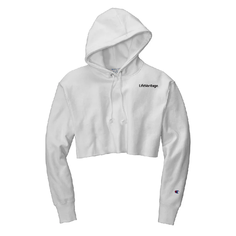 Champion Women's Reverse Weave Cropped Cut-Off Hooded Sweatshirt Hoodie with Hem Raw Edge Edgy Unfinished