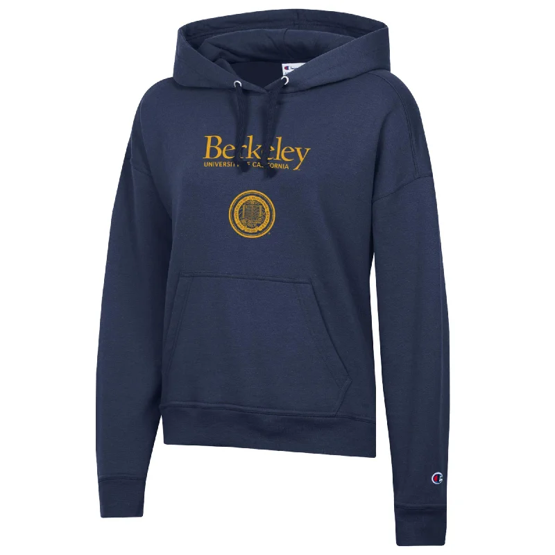 U.C. Berkeley stacked word mark over the school seal women's Champion fleece hoodie-Navy Hoodie with Distressed Vintage Worn