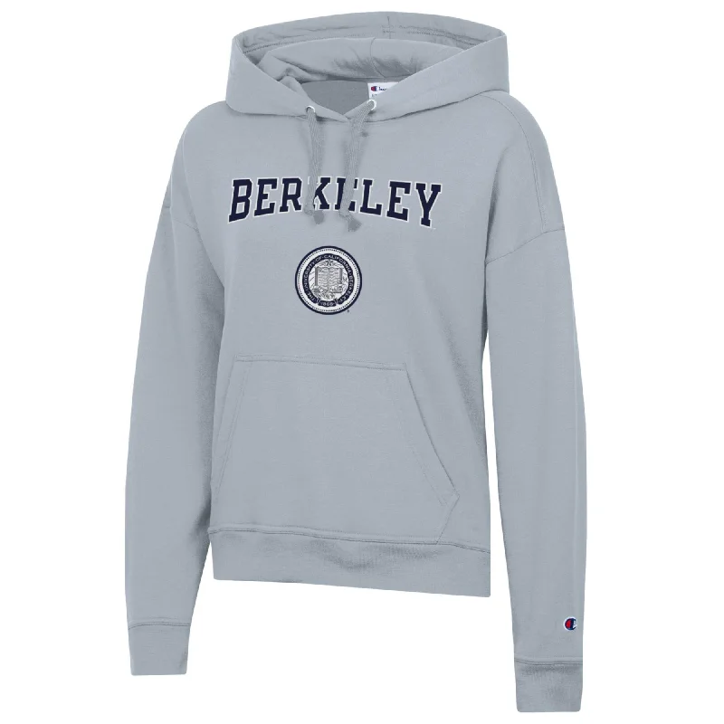 U.C. Berkeley seal women's Champion fleece hoodie -Gray Hoodie with Hem Fringe Bohemian Relaxed