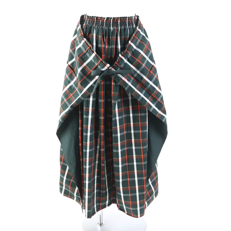 Cotton Madras Check Long Flare Wrap Skirt Women high slit skirt