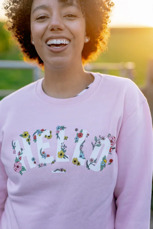 Pink Floral Hello Sweatshirt Hoodie with Hidden Zipper Minimalist Clean