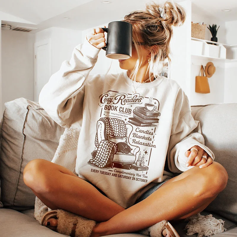 Cozy Readers Book Club Sweatshirt Hoodie with Distressed Vintage Worn