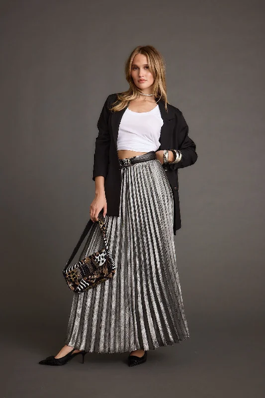Electric Love Gunmetal Metallic Pleated Maxi Skirt corduroy skirt comfortable