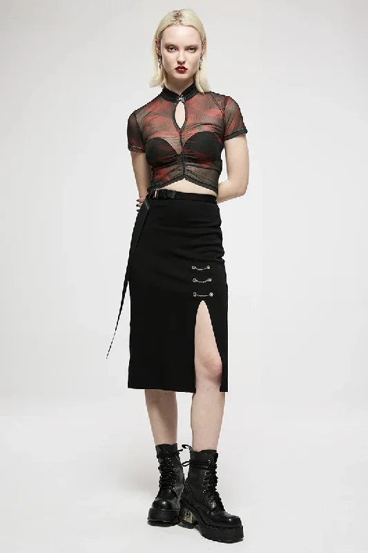 Women's Daily Dark Minimalist Chain-embellished Long Casual Personality Front Side Slit Mid-length Skirt leather skirt sleek