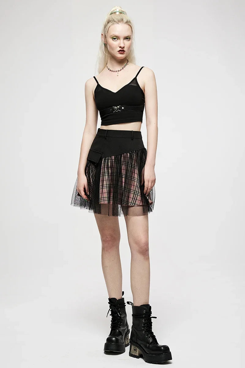 Women's Mesh Panel Plaid High Waist Short College Style Stitched A-line Youth Girl Mini Skirt cashmere skirt soft