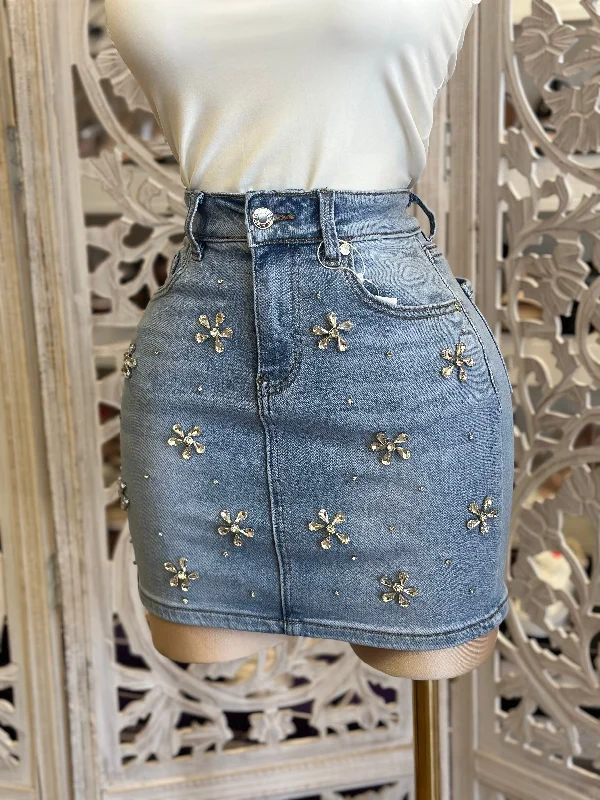 Flower Rhinestone Mini Skirt-Estira , Stretchy a-line skirt cut