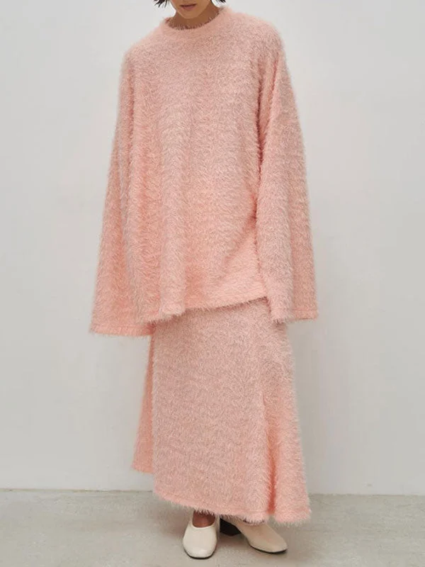 Fluffy Knitted Pink Maxi Skirt Set chiffon skirt delicate
