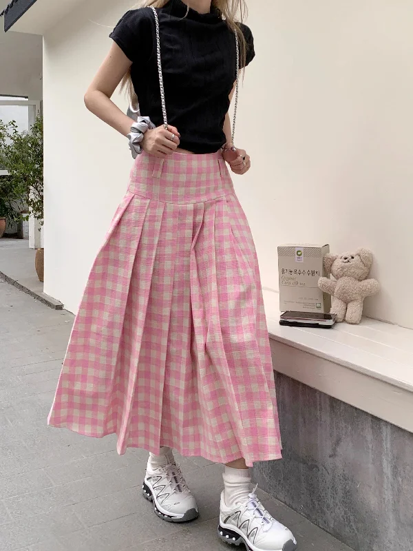 Gingham Pleated Midi Skirt (Pink) relaxed fit skirt