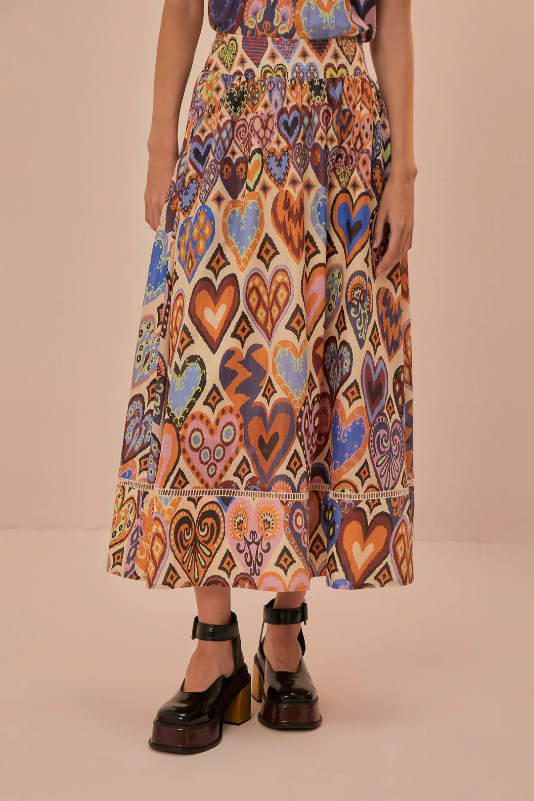 Hearts Ikat Cream Midi Skirt linen skirt natural