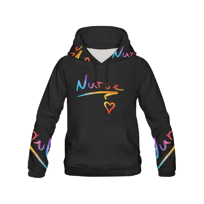 Colorful Nurse Text on Black Hoodie Hoodie with Elastic Cuffs Stretchable Comfortable