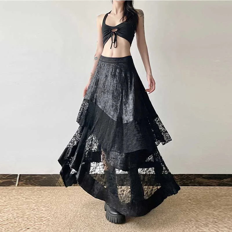 Irregular Stitching High Waist A-line Long Skirt silk skirt sleek