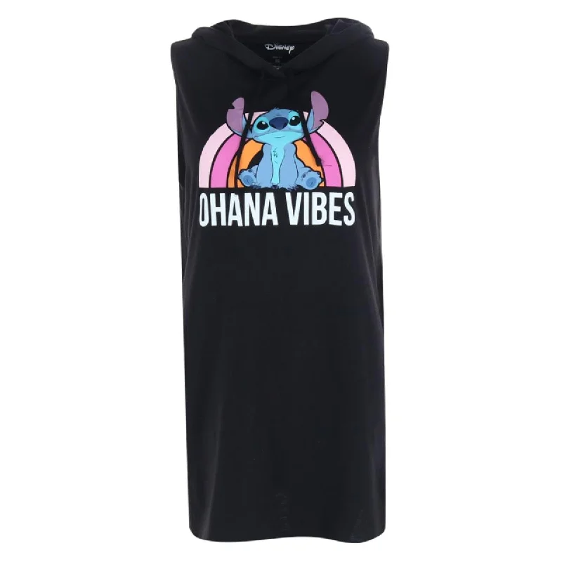 Jerry Leigh Women's Ohana Vibes Stitch Sleeveless Hooded Sleep Shirt Gown Zip Hoodie Drawstring Kangaroo Pocket