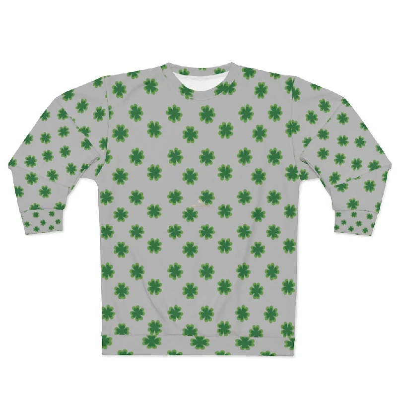 Grey St. Patty's Day Sweatshirt, Light Gray St. Patrick's Day Green Clover Print Unisex Couple's Sweatshirt- Made in USA Hoodie with Tie-Dye Psychedelic Retro