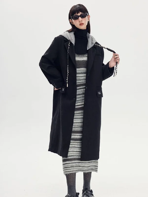 Long Casual Bi-Color Hooded Coat Hoodie with Hem Drawcord Adjustable Customizable