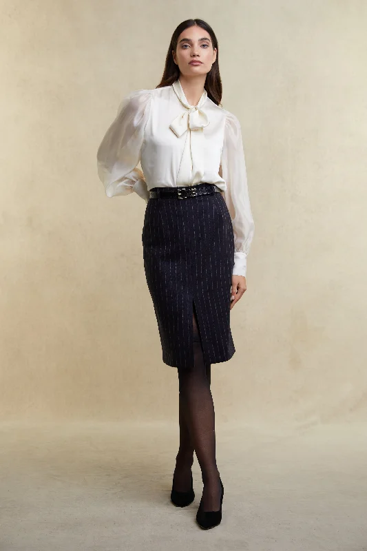 Mayfair Pencil Skirt (Navy Chalk Pinstripe) velvet skirt plush