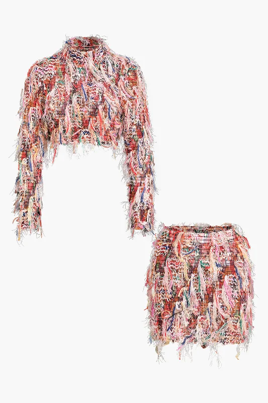 Mesh Fringe Long Sleeve Skirt Set denim skirt casual