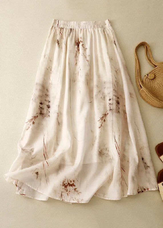 New Apricot Print Elastic Waist Linen Skirts Summer button skirt front