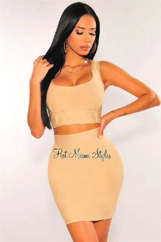 Nude Bandage Tank Faux Bustier Skirt Two Piece Set velvet skirt luxury