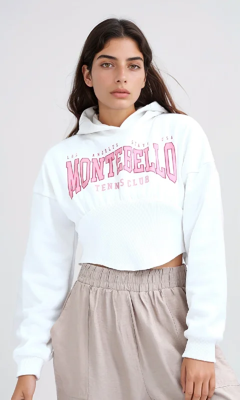 O180768 Regular Fit Printed Winter Hoodie - White Hoodie with Cuffed Sleeves Snug Secure