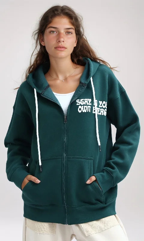 O199199 Zipper Through Pocket Printed Hoodie - Dark Green Hoodie with Drop Shoulder Relaxed Streetwear