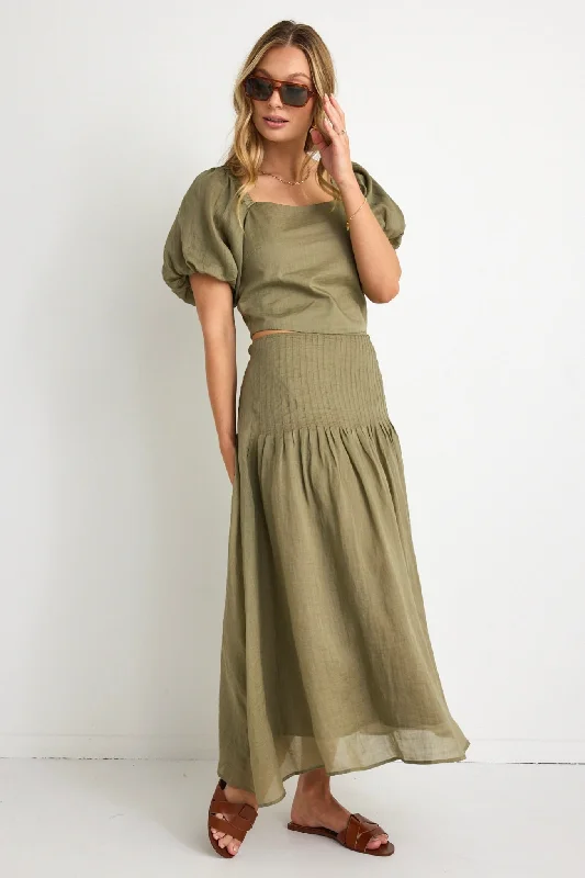 Pepe Khaki Linen Pintuck Waist Tiered Midi Skirt chiffon skirt lightweight
