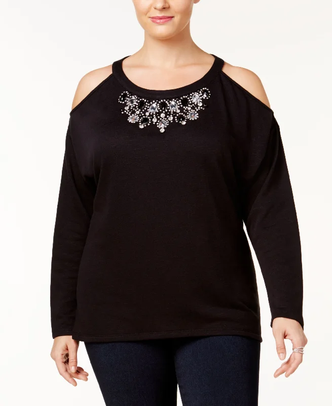 Plus Size Embellished Cold Shoulder Sweatshirt Hoodie with Cuffed Sleeves Snug Secure