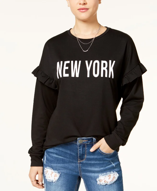Pretty Rebellious Juniors Ruffled New York Graphic Sweatshirt Hoodie with Elastic Waist Stretchable Comfortable